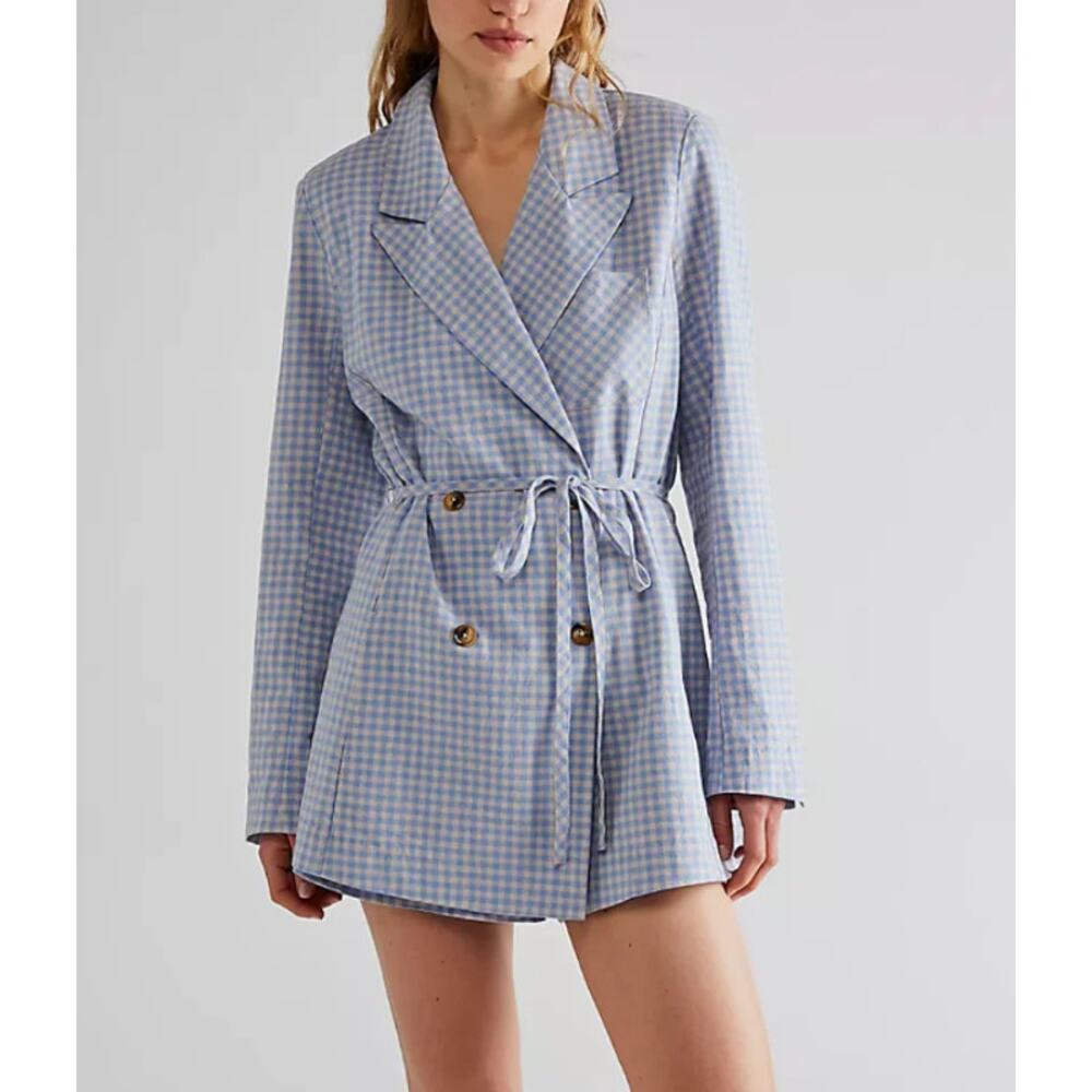 Free People Sweet and Salty Gingham Romper Plaid Linen Blend Long Sleeve